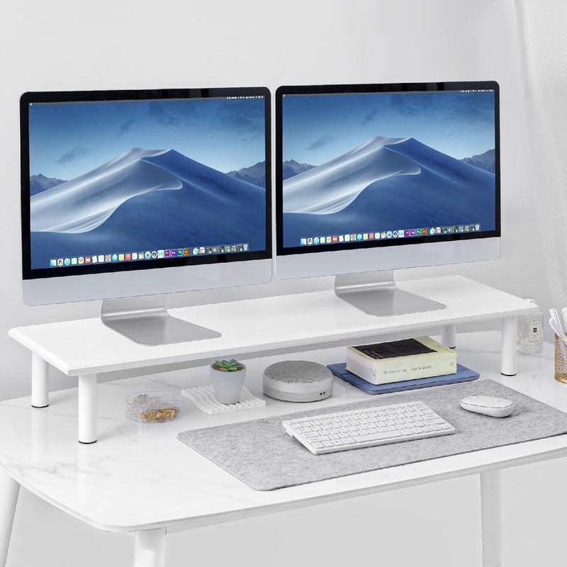 ROCDEER Bamboo Dual Monitor Stand Riser White, Desk Monitor Riser for 2 Monitors, Supports for PC Computer Monitor, Printer, Heavy TV Riser up to 300 lbs, White - Image 2